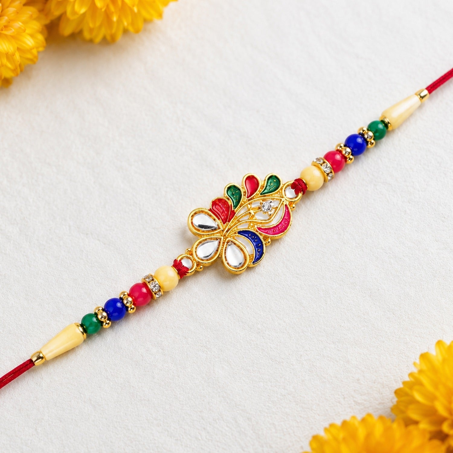 ALVENZA Peacock Feather Rakhi - Elegant Multicolor Beads for Brother
