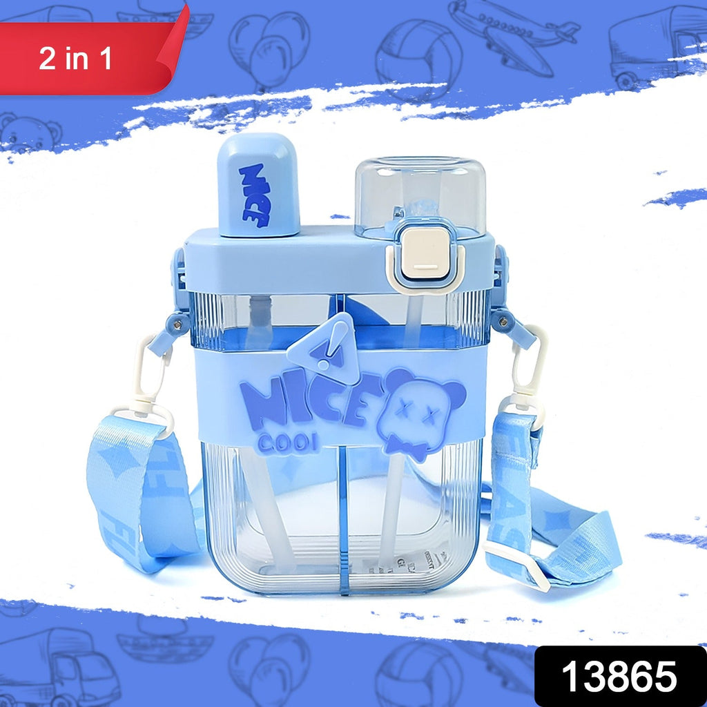 Kids Water Bottle with Dual Compartments Straw & Strap - Detail View 7