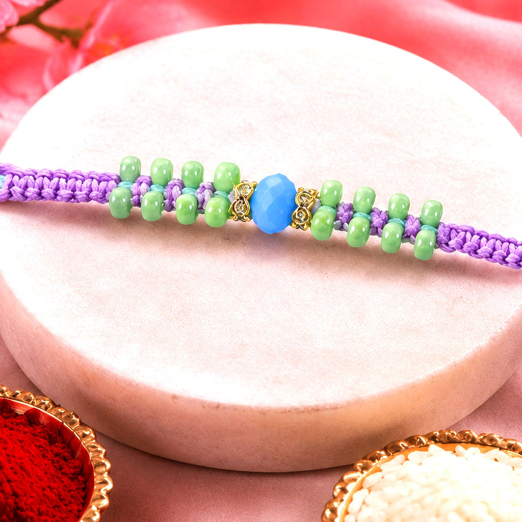 ALVENZA Purple Macrame Bracelet Rakhi with Green Beads, Blue Accent and Playful Thread