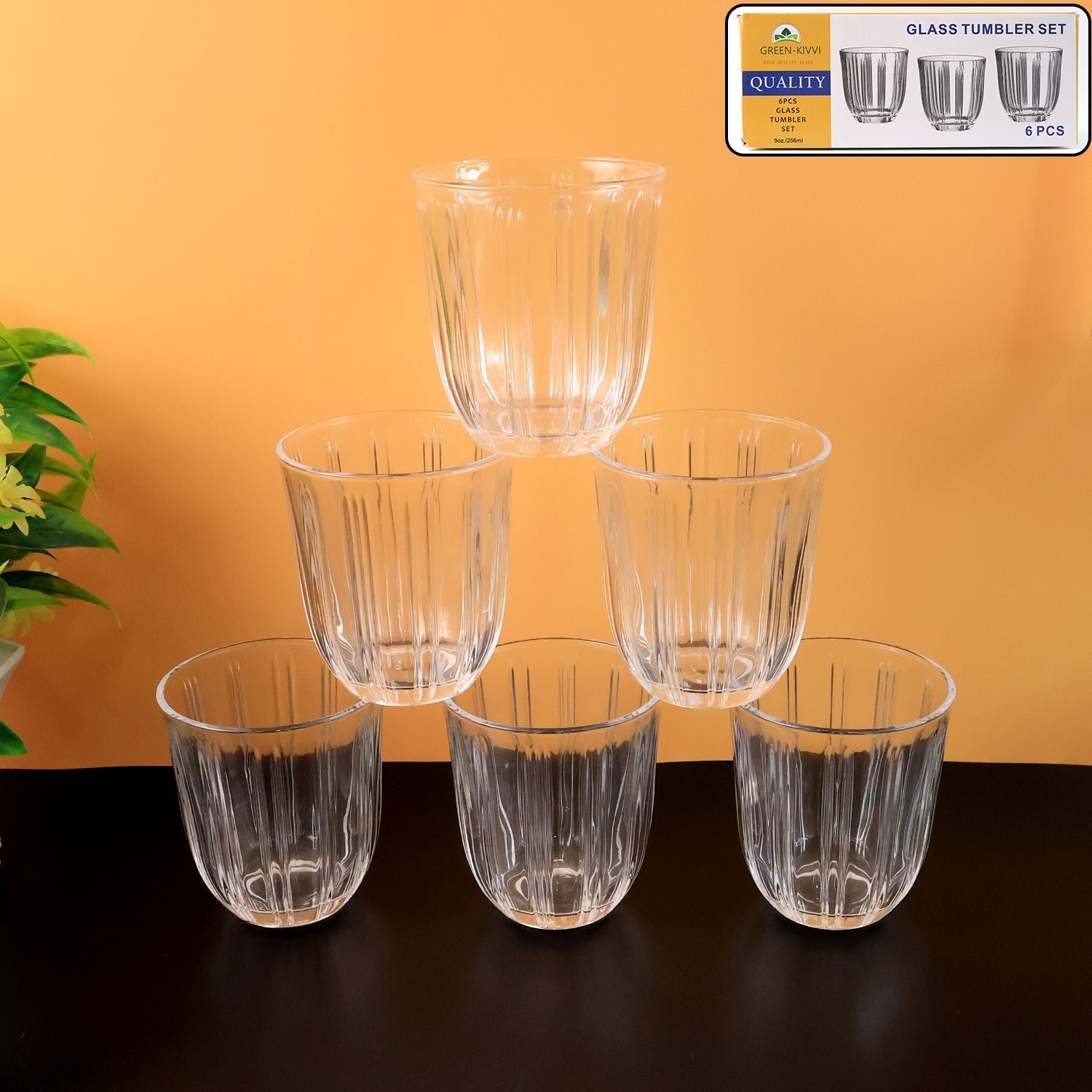 ALVENZA Glass Tumbler Set – Elegant Ribbed Design, 256 ml, 6 Pcs