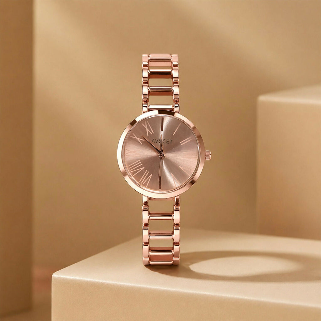 Women’s Rose Gold Round Dial Watch – Elegant & Stylish Timepiece