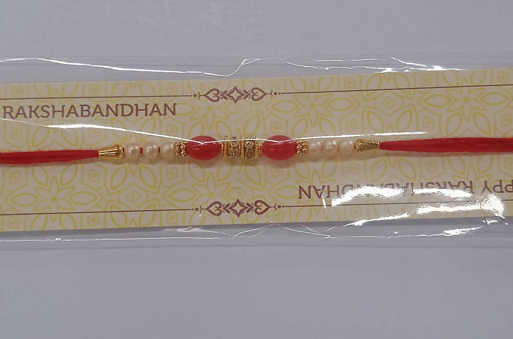 ALVENZA Pearl Beaded Rakhi – Traditional Red & Gold Elegance