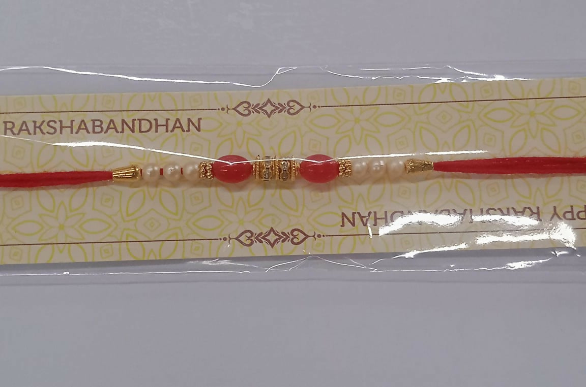 ALVENZA Pearl Beaded Rakhi – Traditional Red & Gold Elegance
