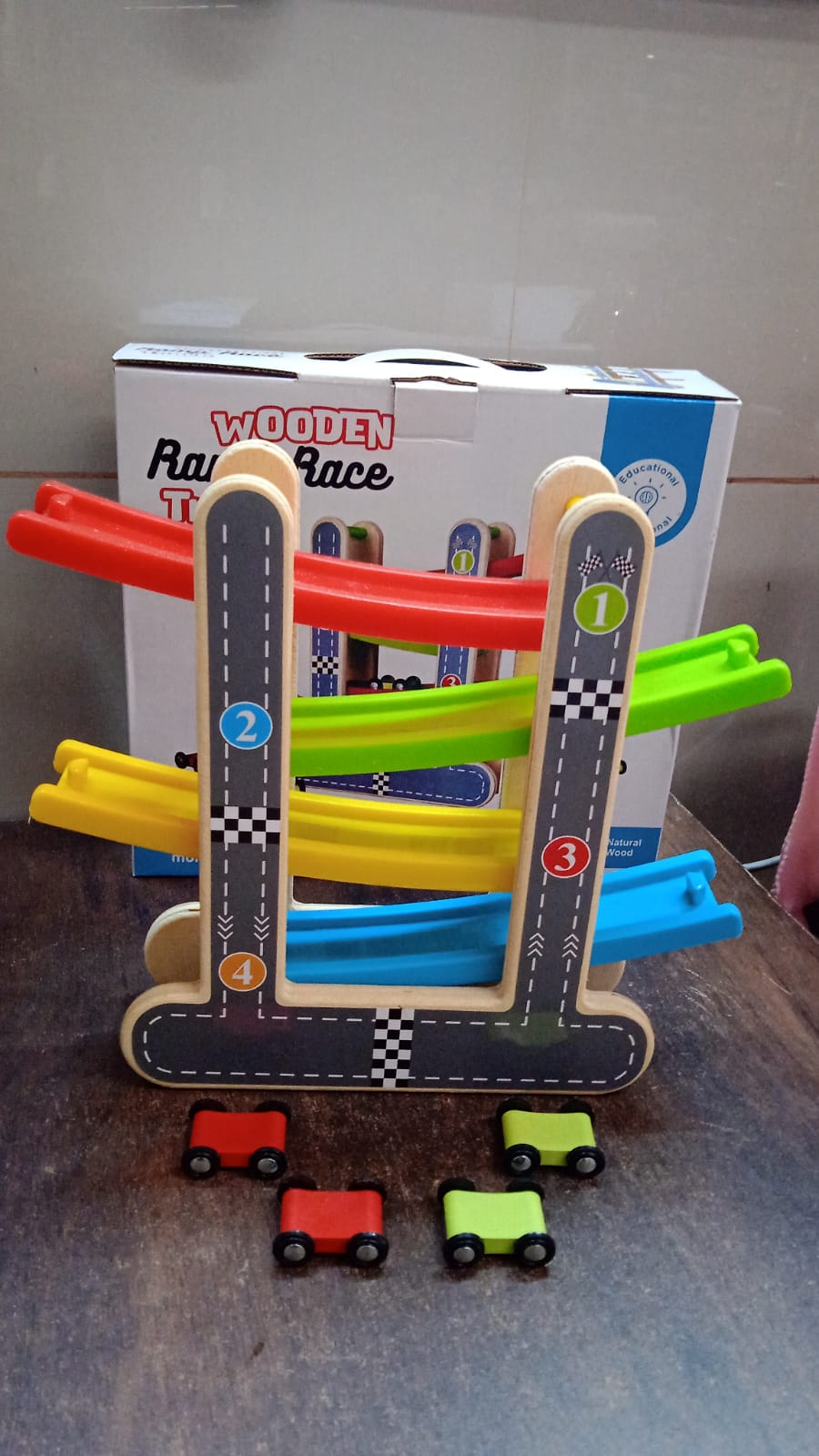 Wooden Race Track 4-Level Car Ramp Set for Toddlers | Action Legion - Detail View 7