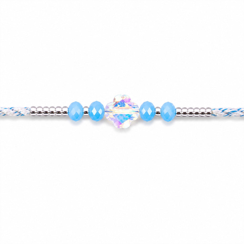 ALVENZA Blue Crystal Bead Rakhi with Round Stone Centre, Silver Highlights and Red Thread