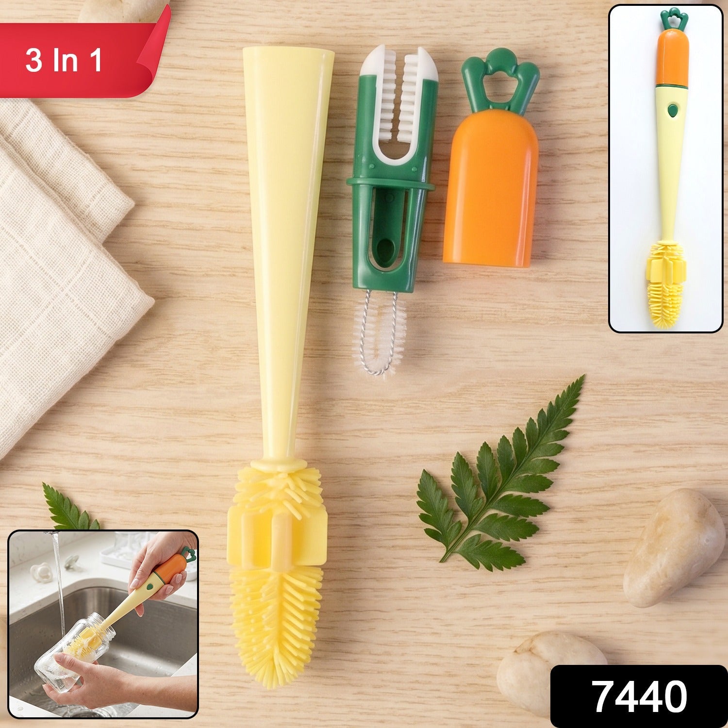 3 in 1 Bottle Cleaning Brush Gentle & Reusable with Silicone Head - Side View