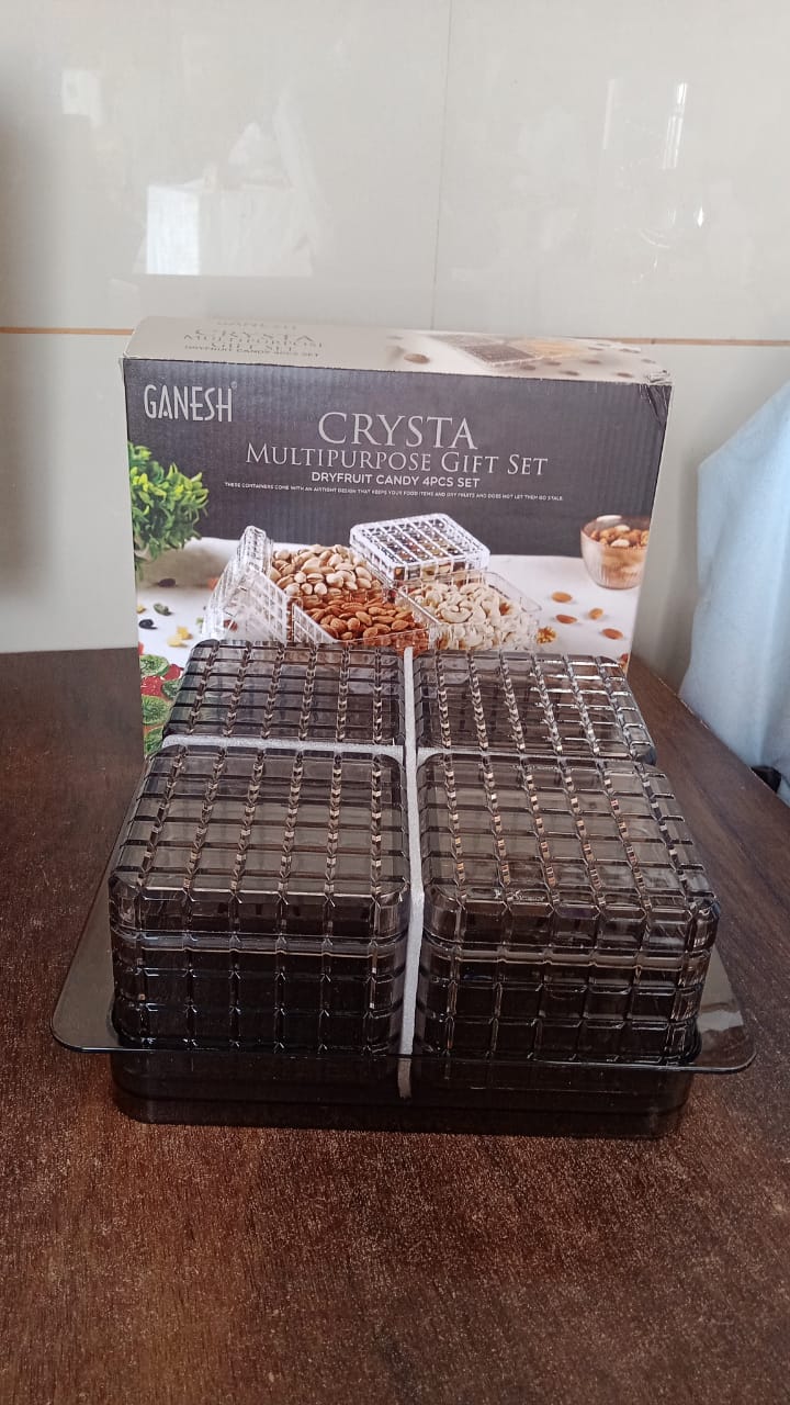 ALVENZA Dry Fruit Container Set – Acrylic 4-Piece Gift Tray | Ganesh