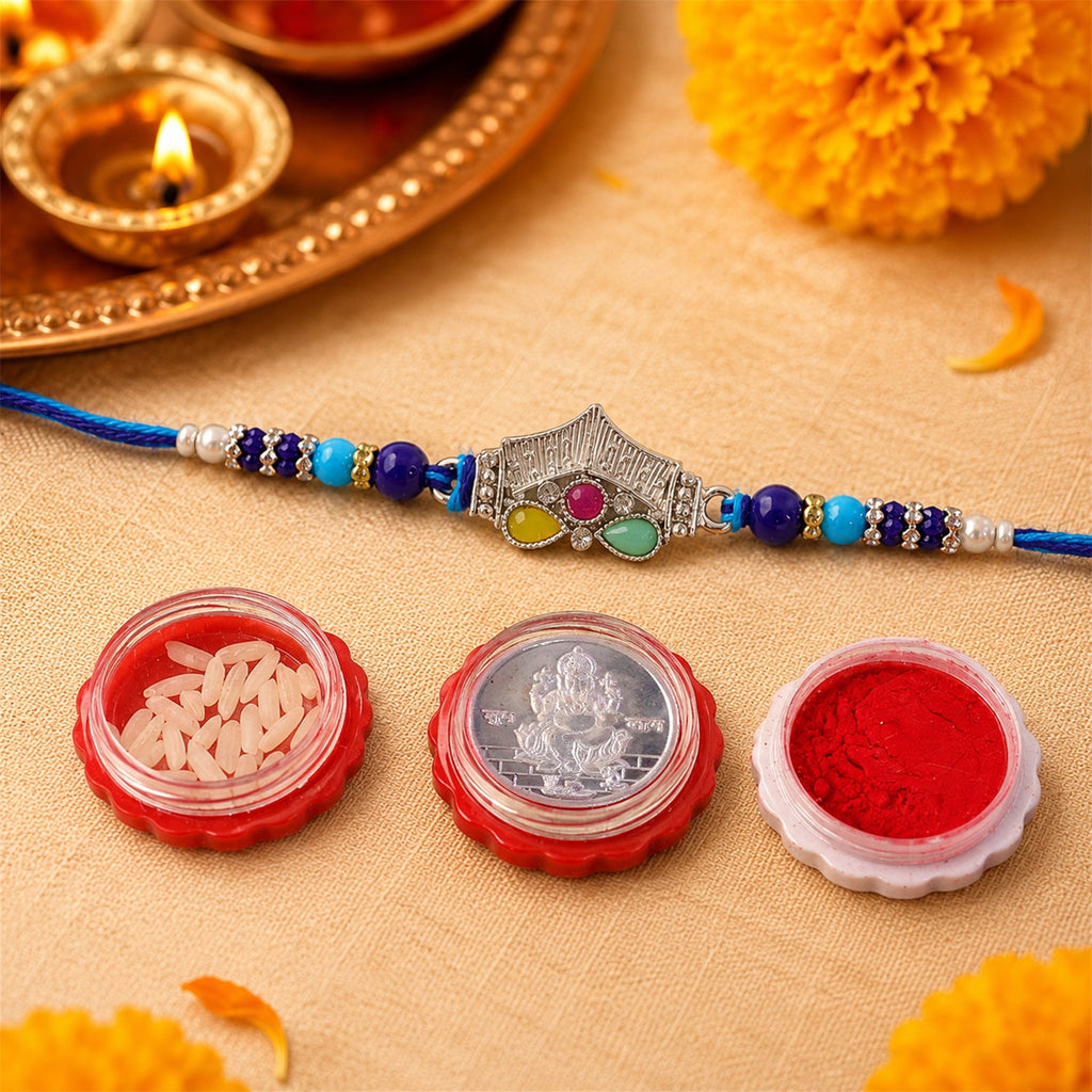 ALVENZA Silver Crown Temple Rakhi with Multicolor Stones, Roli Chawal Coin and Card Gift Packing