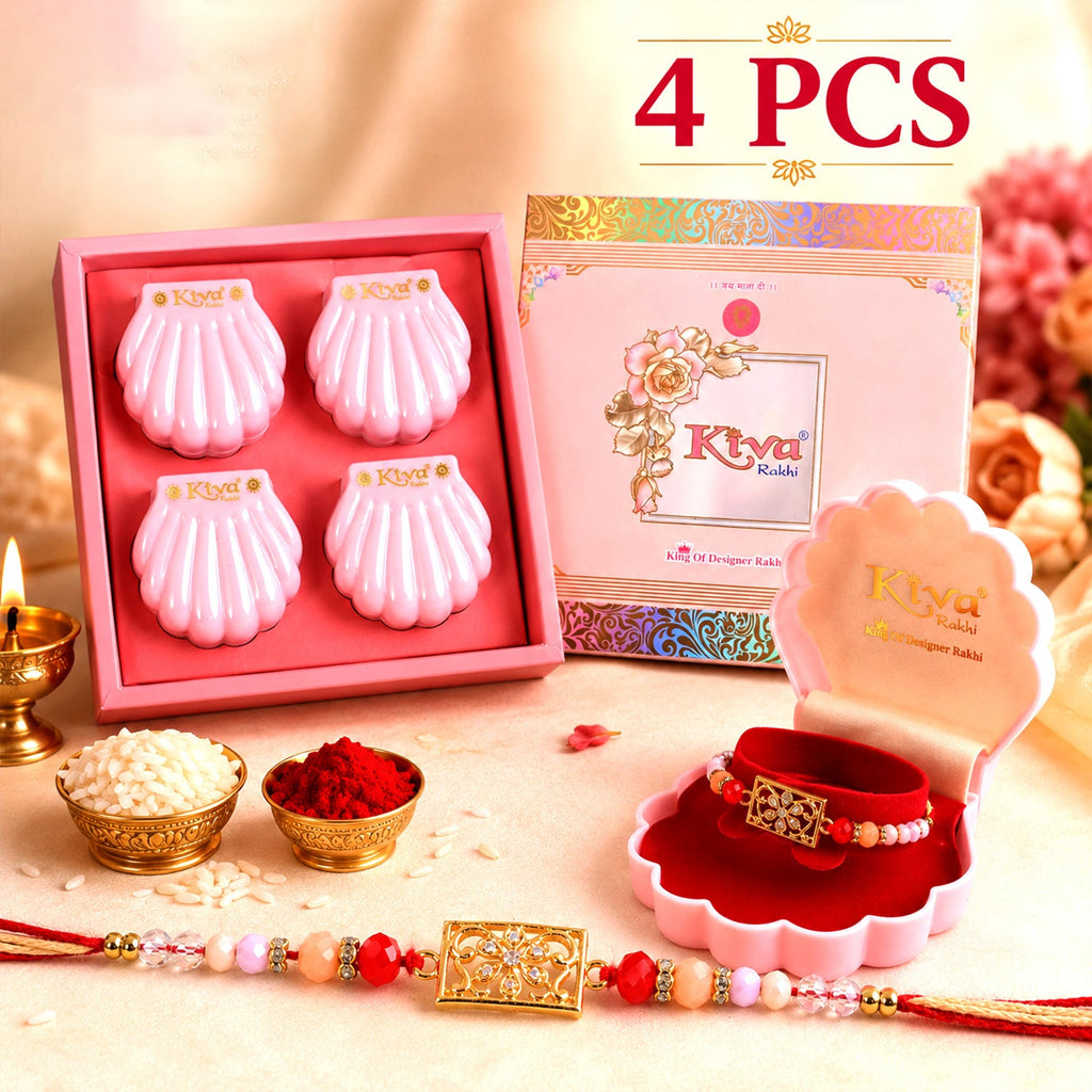 ALVENZA Rectangular AD Filigree Designer Rakhi for Brother with Pink Beads Gift