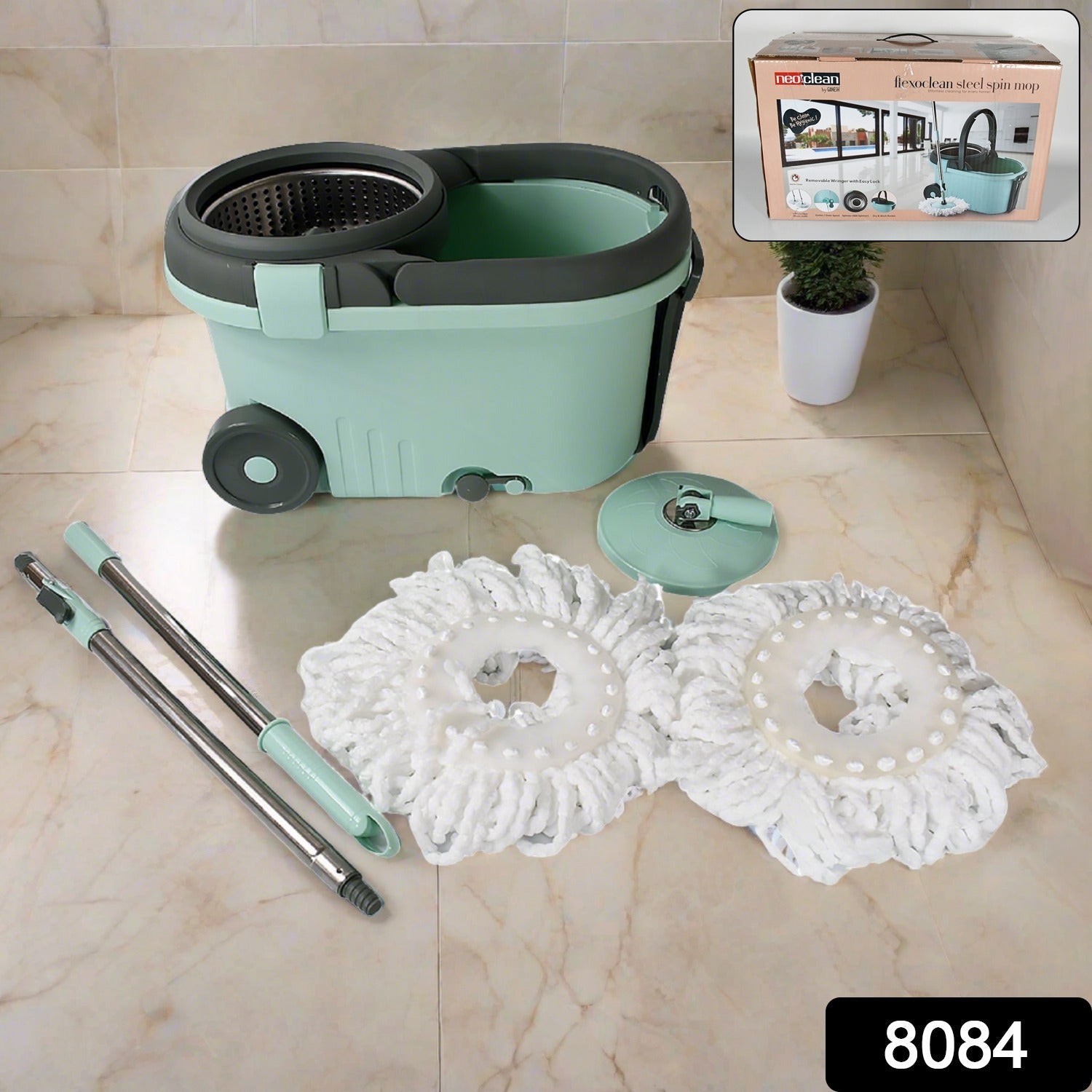 ALVENZA Spin Mop with Bucket – Steel Spin & Microfiber Heads | Ganesh