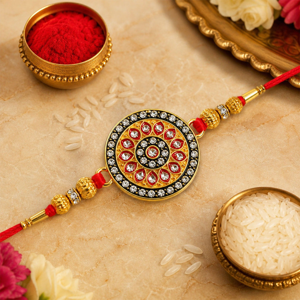 ALVENZA Kundan Rakhi - Royal Golden Enamel Work Design for Bhai