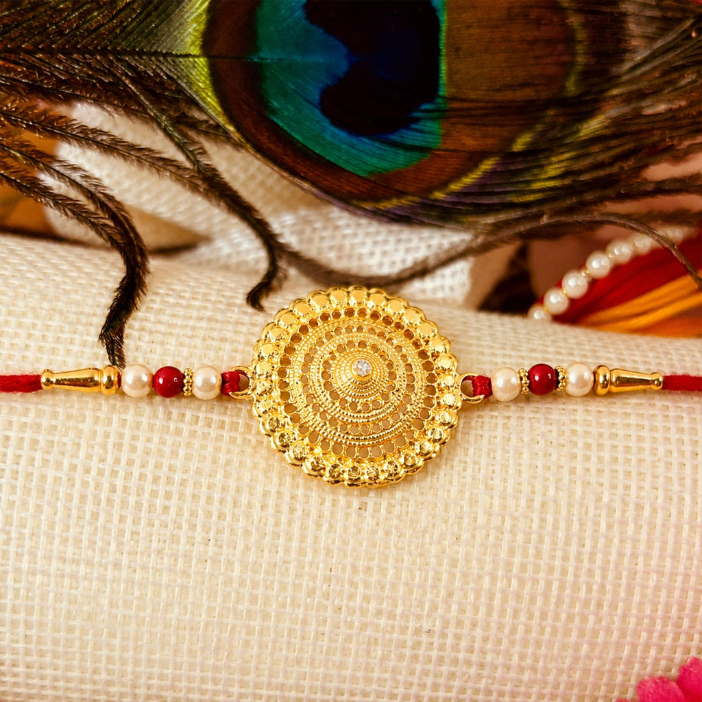 ALVENZA Rakshabandhan Rakhi – Elegant Gold & Pearl Design for Brothers