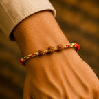 ALVENZA Rudraksha Style Devotional Rakhi with Braided Red Green Yellow Thread and Wooden Beads