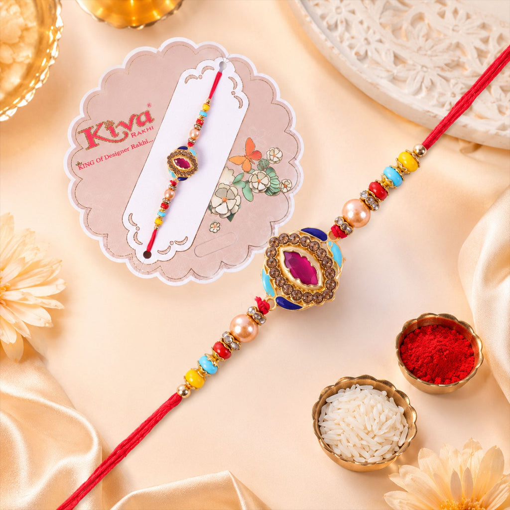 ALVENZA Pink Stone & Blue Meenakari Oval Designer Rakhi for Brother Gift Set