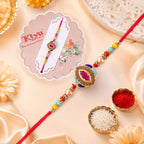 ALVENZA Pink Stone & Blue Meenakari Oval Designer Rakhi for Brother Gift Set