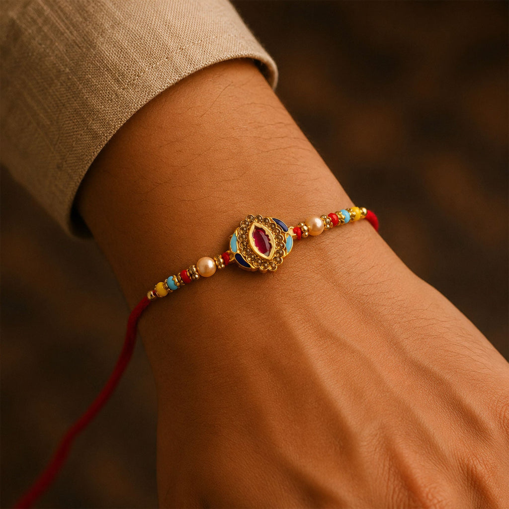 ALVENZA Pink Stone & Blue Meenakari Oval Designer Rakhi for Brother Gift Set