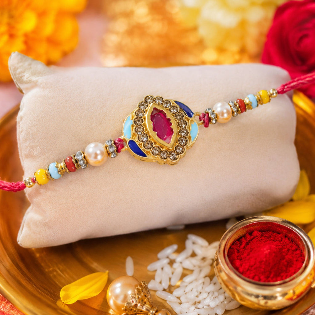 ALVENZA Pink Stone & Blue Meenakari Oval Designer Rakhi for Brother Gift Set