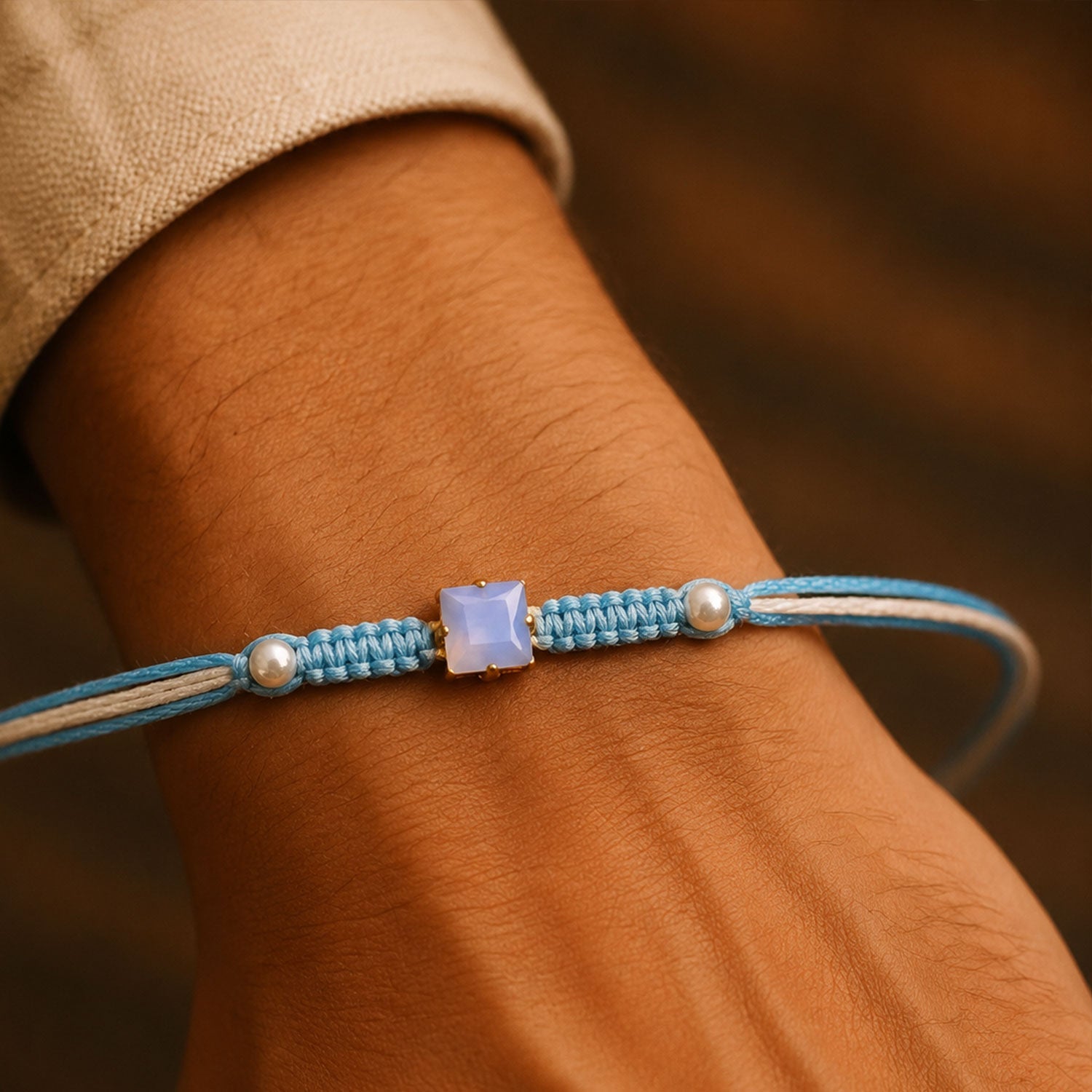 ALVENZA Blue Square Stone Macrame Rakhi with Pearl Beads, Silver Accents and Soft Thread