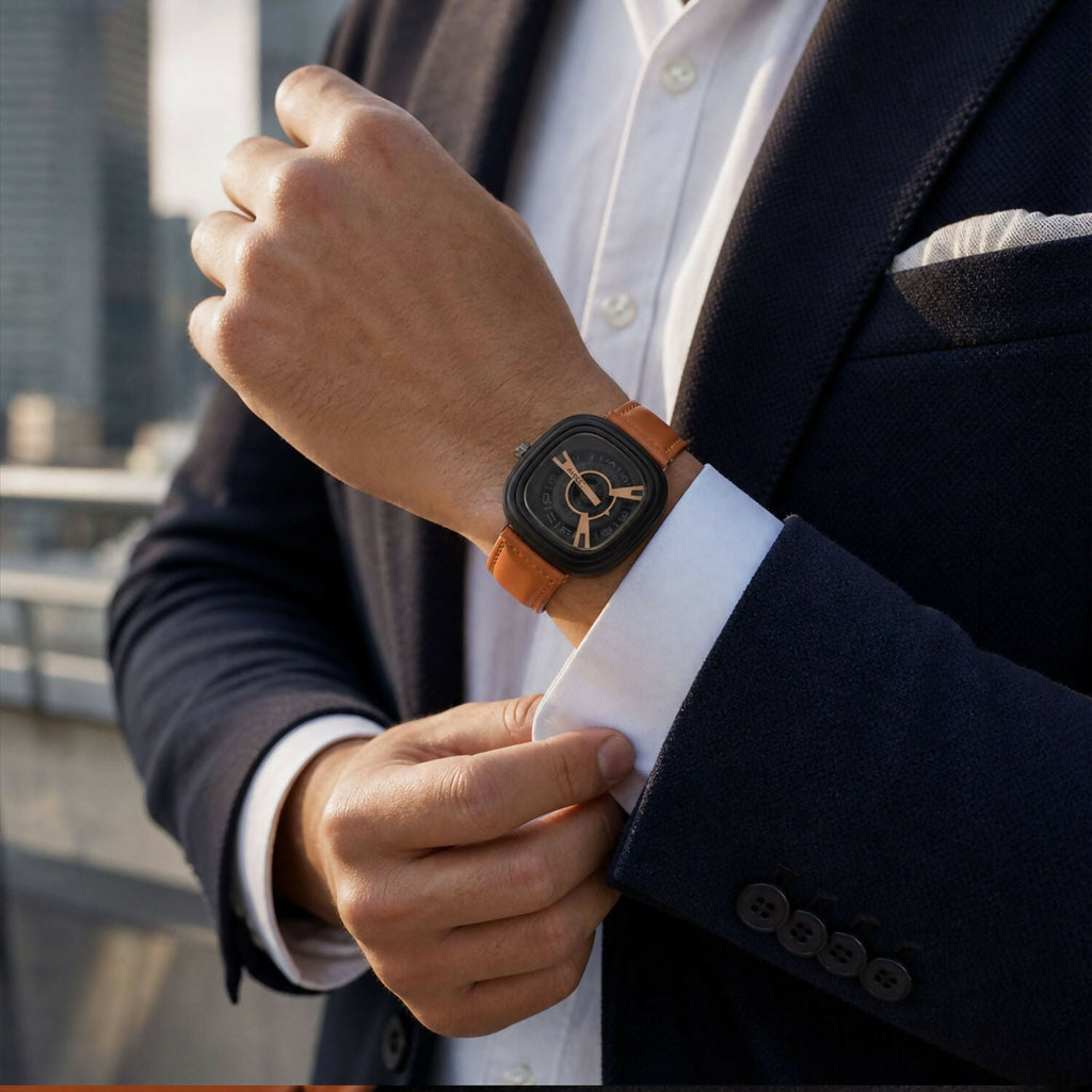 Luxury Square Dial Watch – Elegant Brown Leather Strap for Men