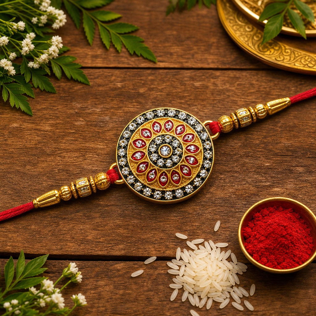 ALVENZA Royal Designer Rakhi – Kundan Centerpiece with Golden Beads