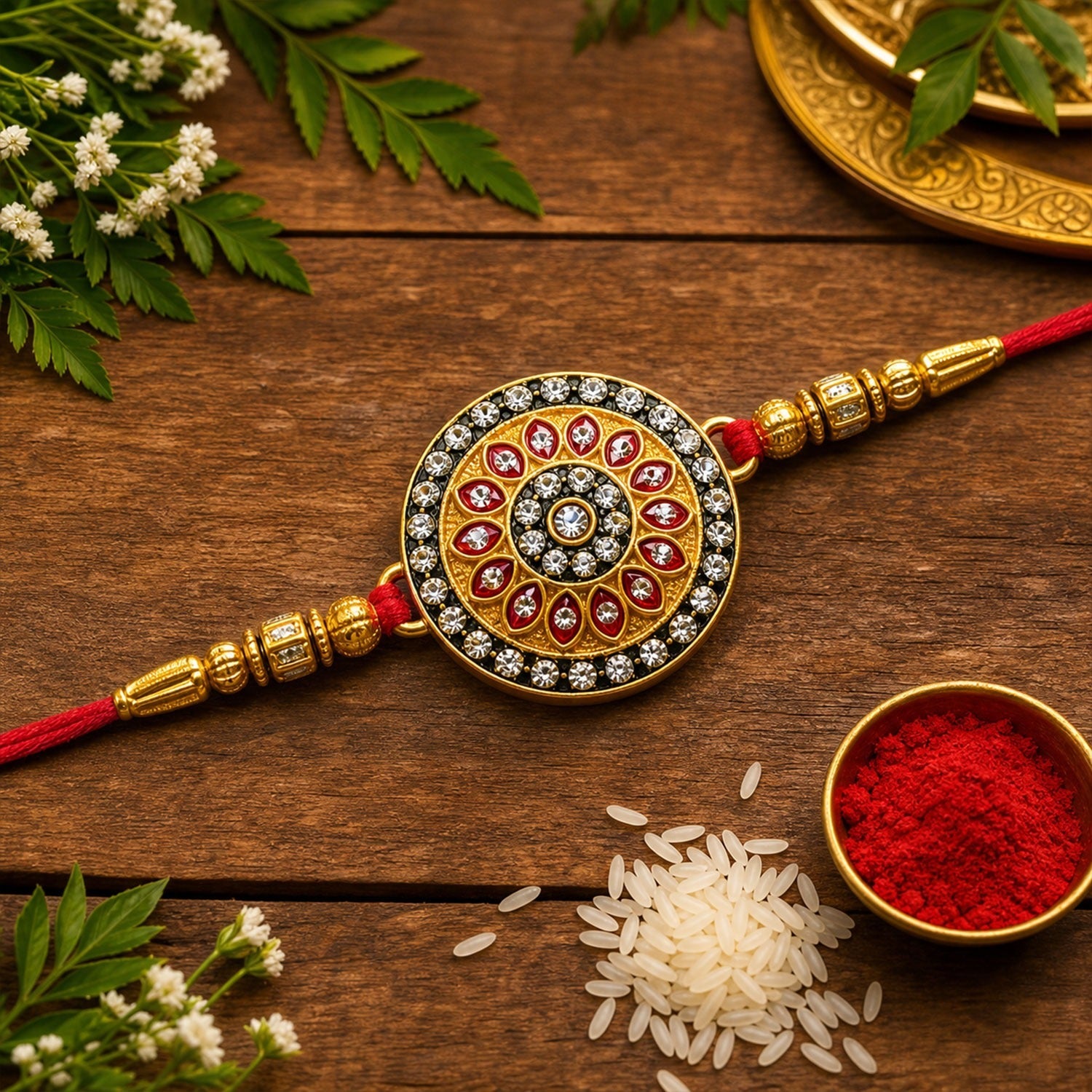 ALVENZA Royal Designer Rakhi – Kundan Centerpiece with Golden Beads