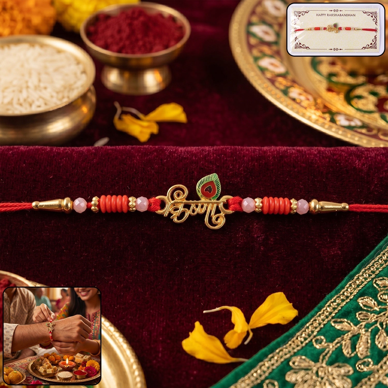 ALVENZA Krishna Naam Devnagari Peacock Feather Rakhi – Traditional Brother Gift
