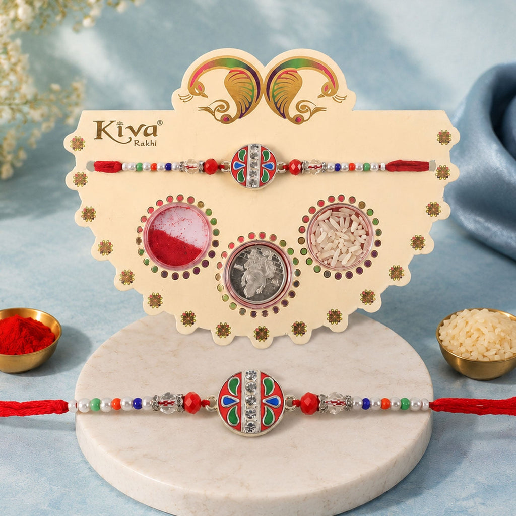 ALVENZA Round Red Green Enamel Rakhi with Multicolor Beads, Roli Chawal Coin and Card Packing
