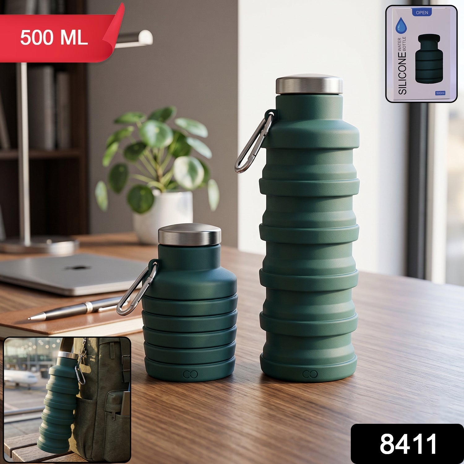 Silicone Foldable Water Bottle Space-Saving Travel & Sports Hydration - Side View