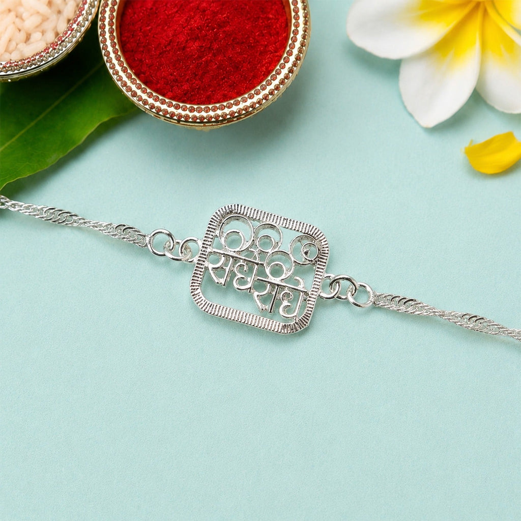 ALVENZA Silver Radhe Radhe Rakhi – Elegant & Spiritual Design for Brothers