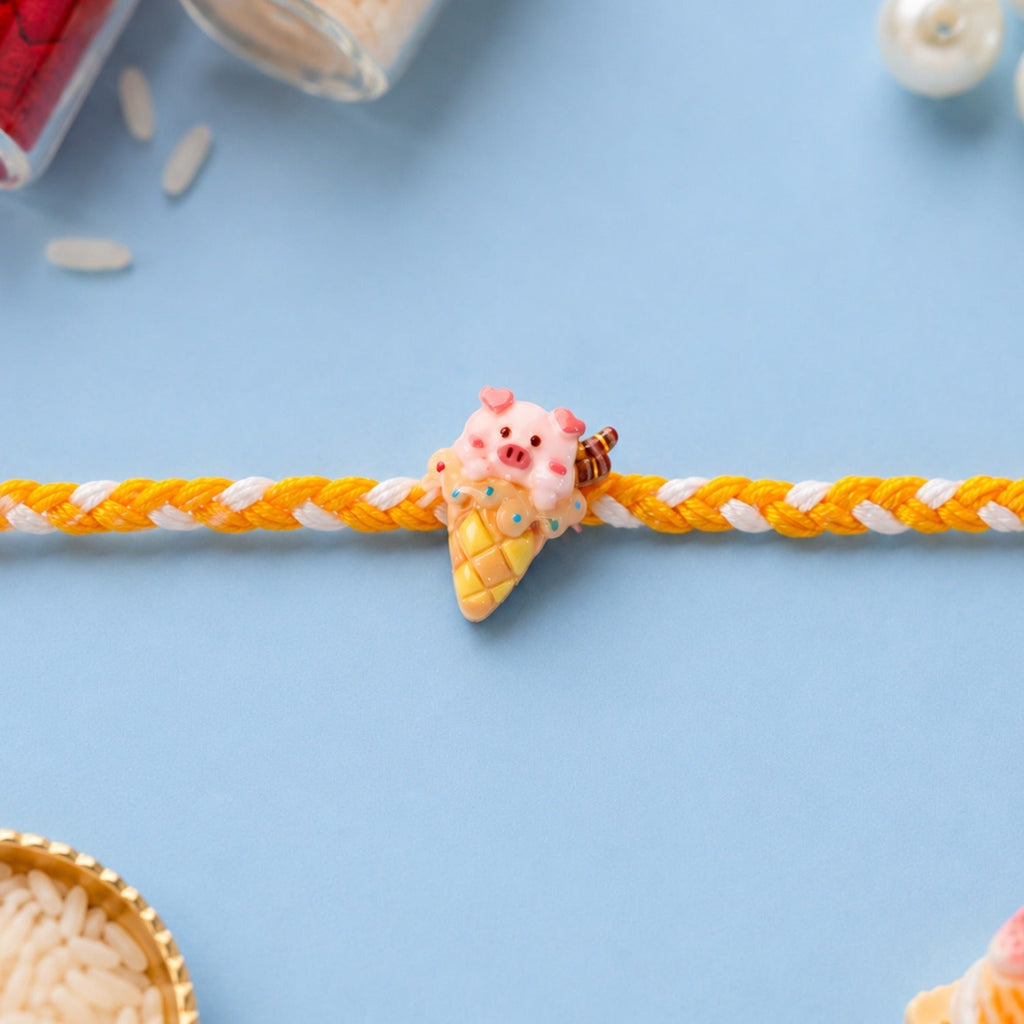 ALVENZA Cute Pig Rakhi - Whimsical Ice Cream & Pig Design, Lightweight & Unique