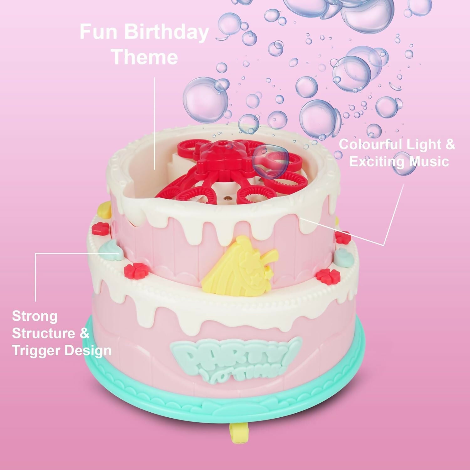 ALVENZA Kids Bubble Cake Toy – Automatic Bubble Maker with Lights & Music