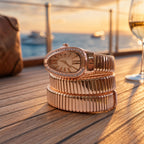 Rose Gold Oval Snake Style Bracelet Watch with Crystal Dial Border Design