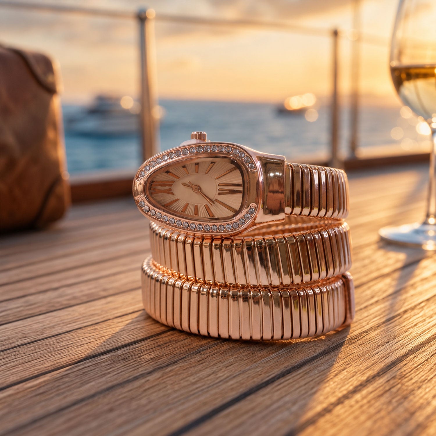 Rose Gold Oval Snake Style Bracelet Watch with Crystal Dial Border Design