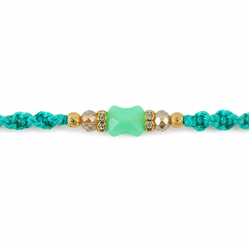ALVENZA Turquoise Macrame Bracelet Rakhi with Mint Beads, Pearl Accents and Modern Thread
