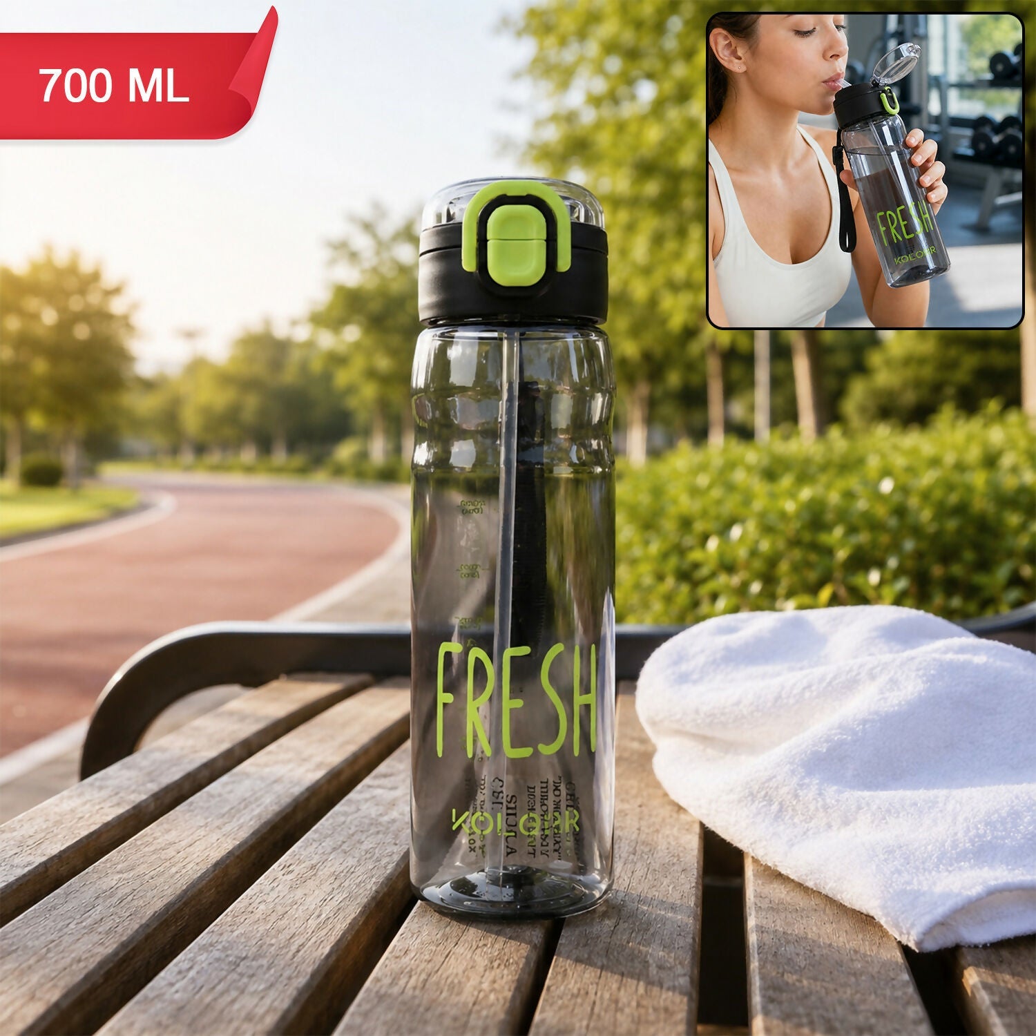 ALVENZA KOLORR Leakproof Sports Water Bottle with Straw & Carry Loop Black (700ML)