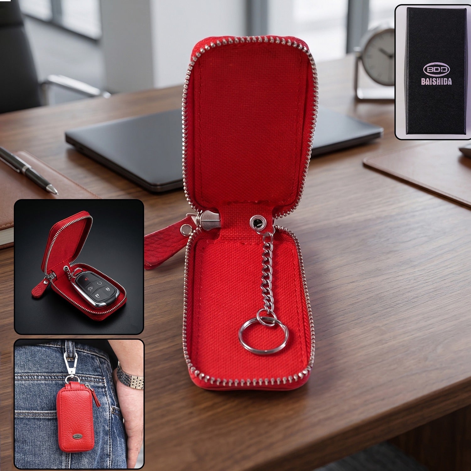 Leather Car Key Case Durable & Compact with Snap Hook for Easy Carrying