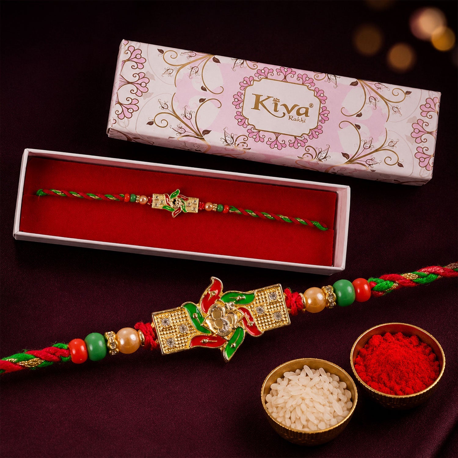ALVENZA Festive Red & Green Meenakari Pinwheel AD Stone Rakhi for Brother Gift