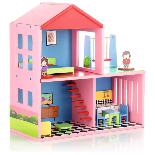 ALVENZA Wooden Doll House Set with 4 Furnished Rooms for Girls