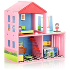 ALVENZA Wooden Doll House Set with 4 Furnished Rooms for Girls