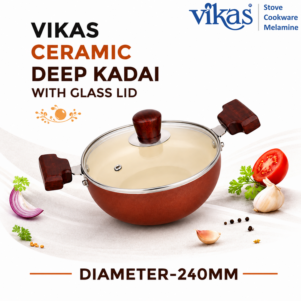 ALVENZA Vikas Ceramic Deep Kadai – Non-Stick & Wooden Handles for Versatile Cooking