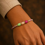 ALVENZA Bright Macrame Bracelet Rakhi with Green Peach Pink Beads and Colorful Thread