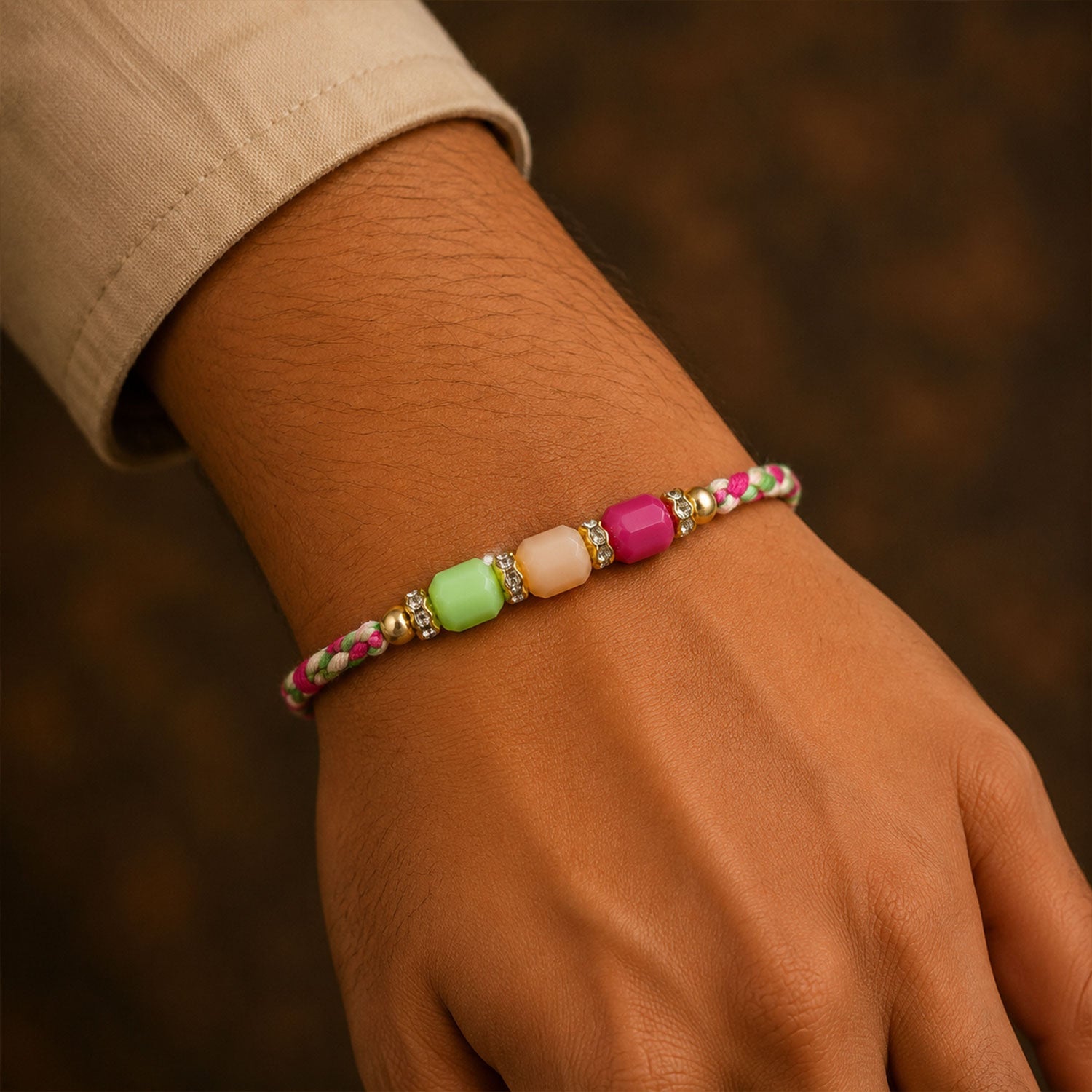 ALVENZA Bright Macrame Bracelet Rakhi with Green Peach Pink Beads and Colorful Thread