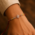 ALVENZA Rose Gold Sunburst Crystal Rakhi with Baguette AD Stones and Rainbow Pastel Beads