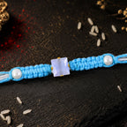 ALVENZA Blue Square Stone Macrame Rakhi with Pearl Beads, Silver Accents and Soft Thread