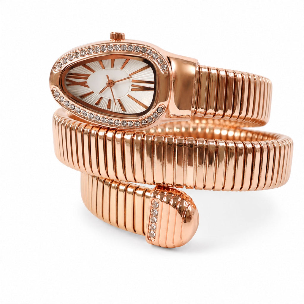 Rose Gold Snake Chain Bracelet Watch with Oval Dial Crystal Border for Women