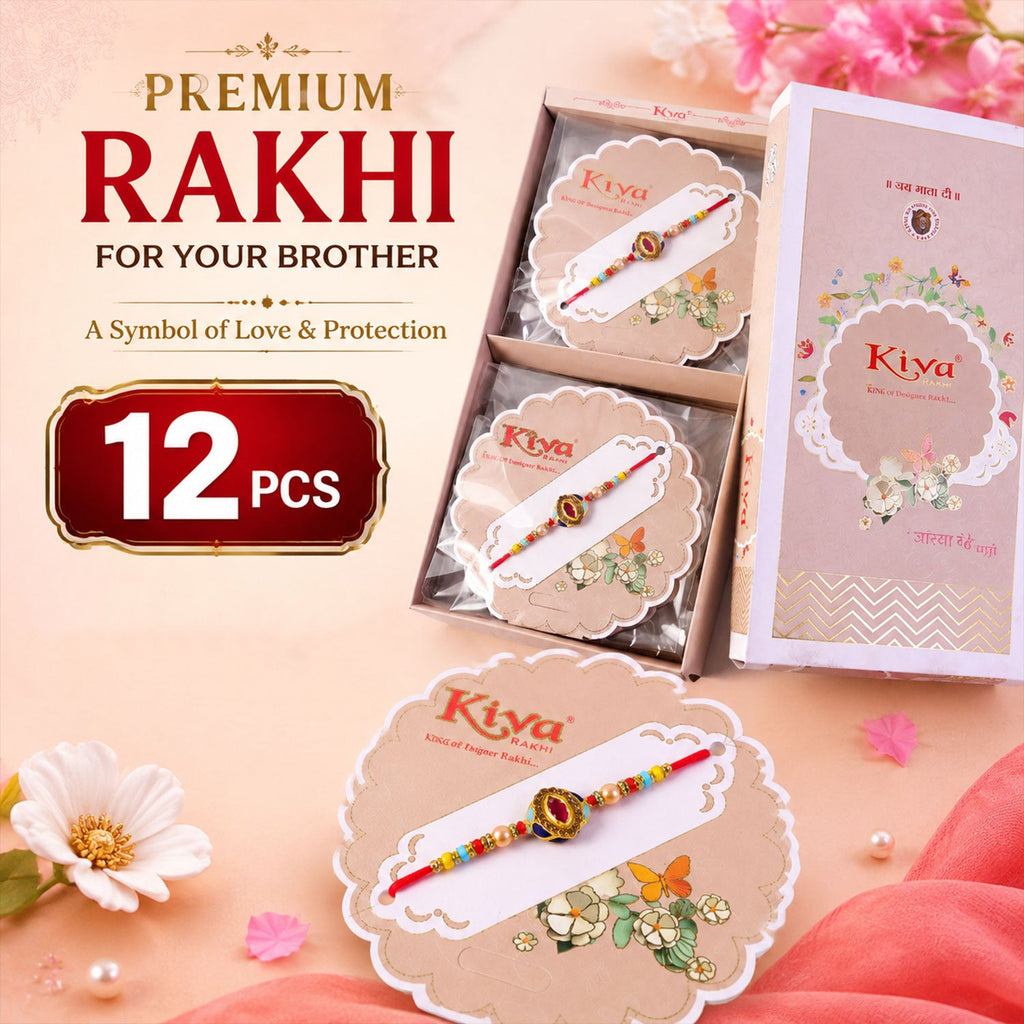 ALVENZA Pink Stone & Blue Meenakari Oval Designer Rakhi for Brother Gift Set