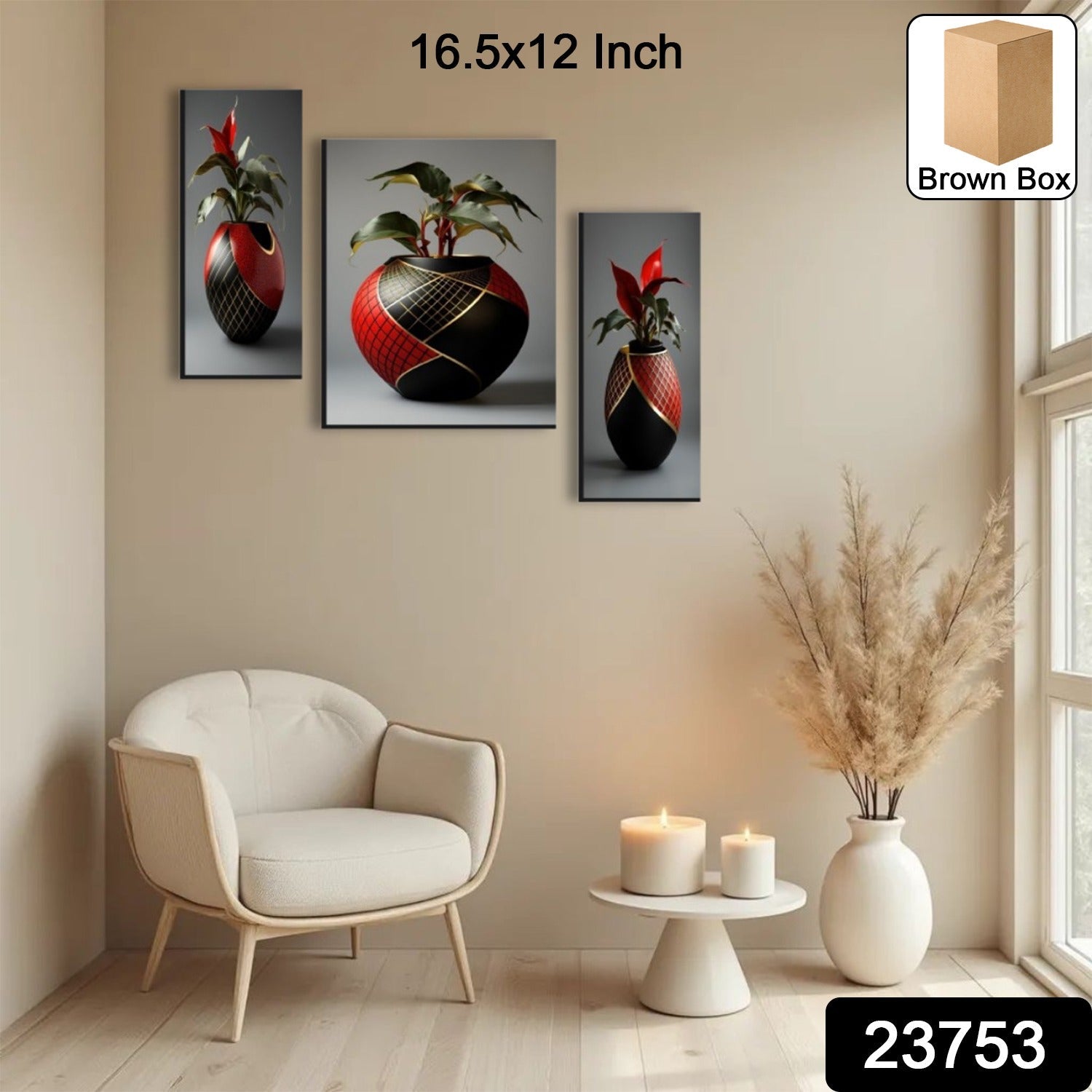 Flower Vase Wall Art Vibrant Floral 3-Panel MDF Frame - Side View