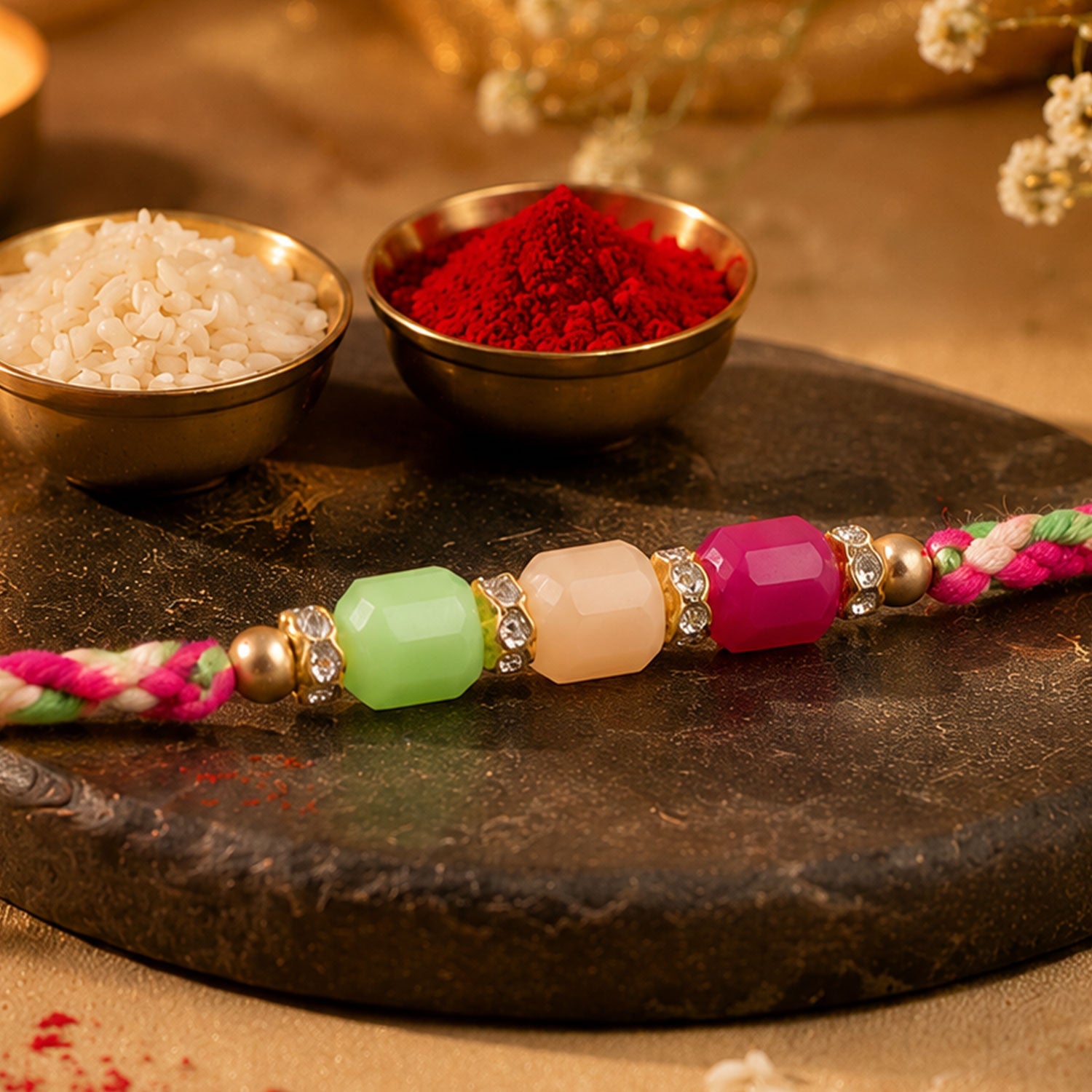 ALVENZA Bright Macrame Bracelet Rakhi with Green Peach Pink Beads and Colorful Thread