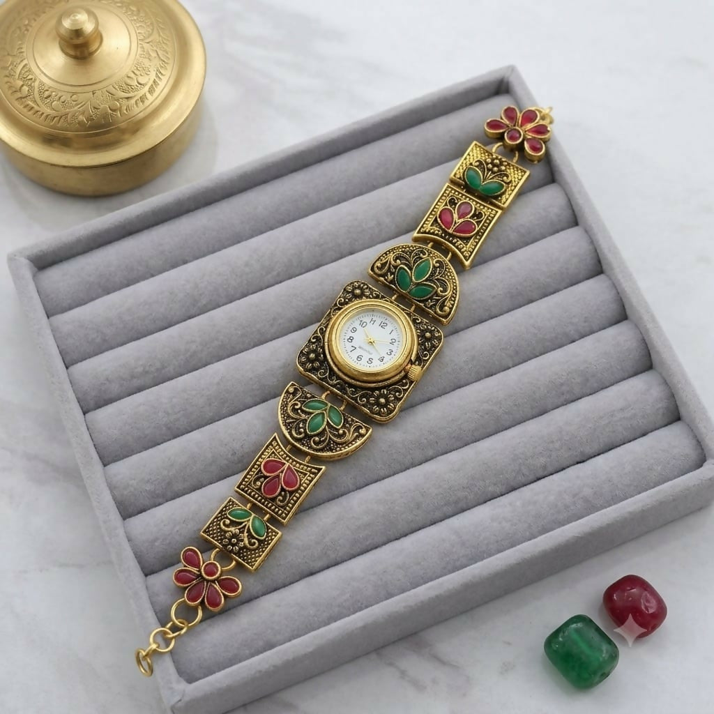 Rajasthani Inspired Designer Watch for Women with Floral Meenakari Work