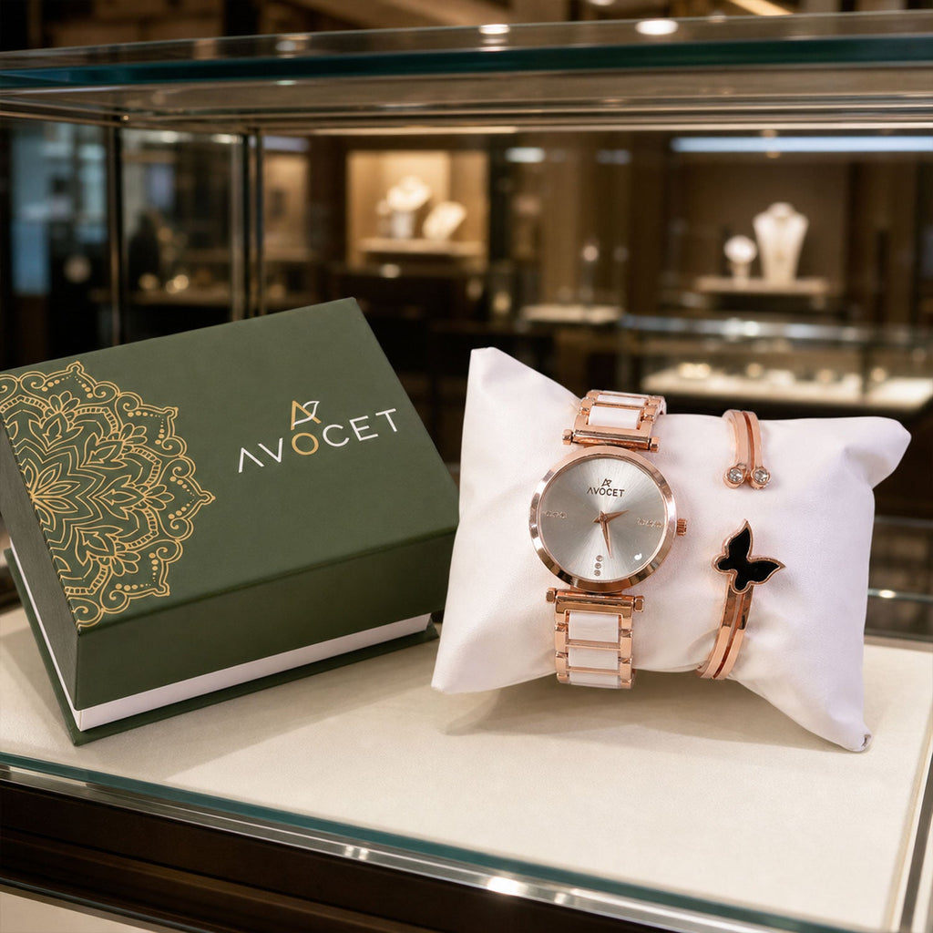 Rose Gold Round Dial Watch with Black Butterfly Charm Bracelet for Women